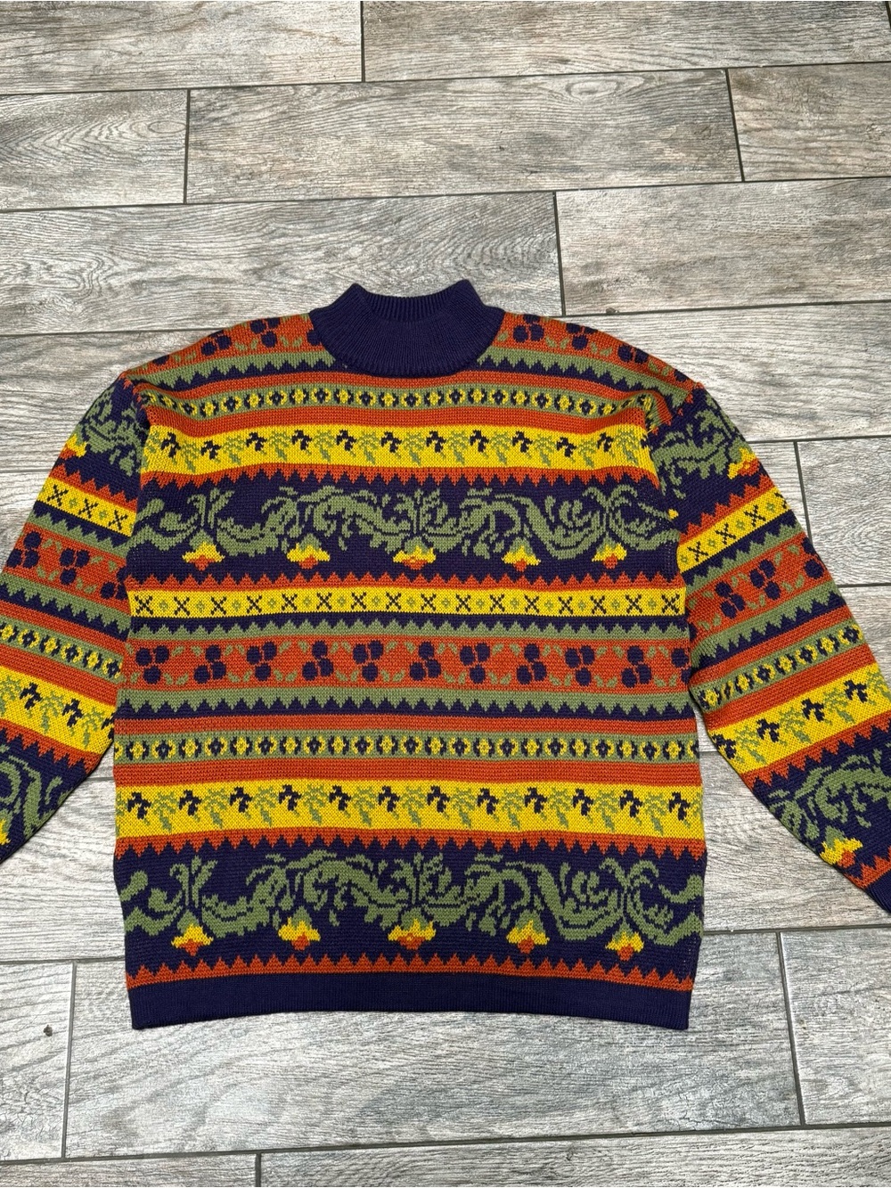 Multicolor Patterned Crewneck Sweater - Navy, Yellow & Olive